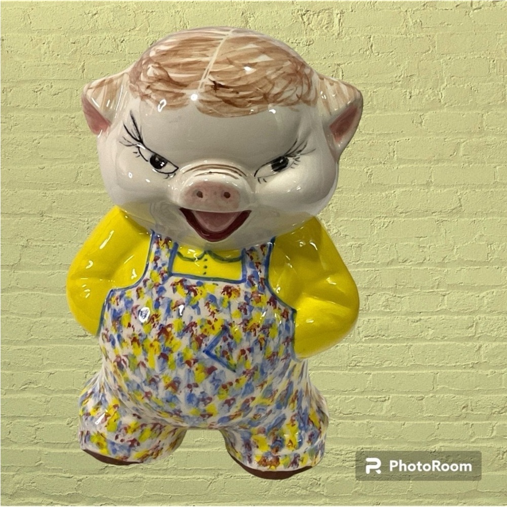 Colourful ceramic piggy bank - Pot belly pig in overalls